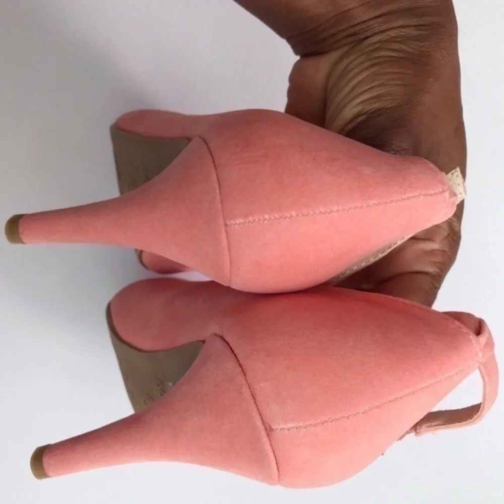 Pink faux suede bamboo heels with bow